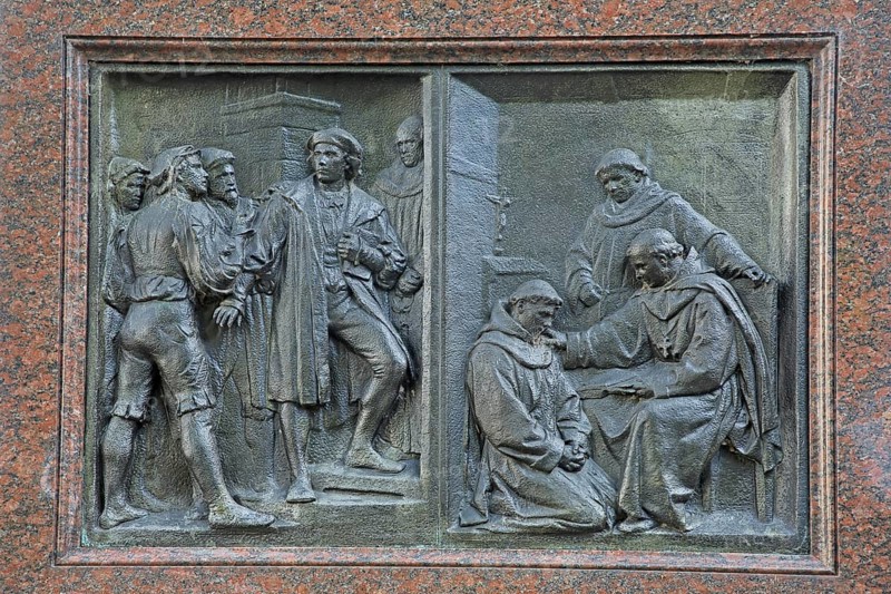 Relief with life story of Martin Luther, entry into the monastery as a monk, figures, history, scene, biography, Martin Luther monument, Luther monument, Erfurt, Thuringia, Germany, Europe