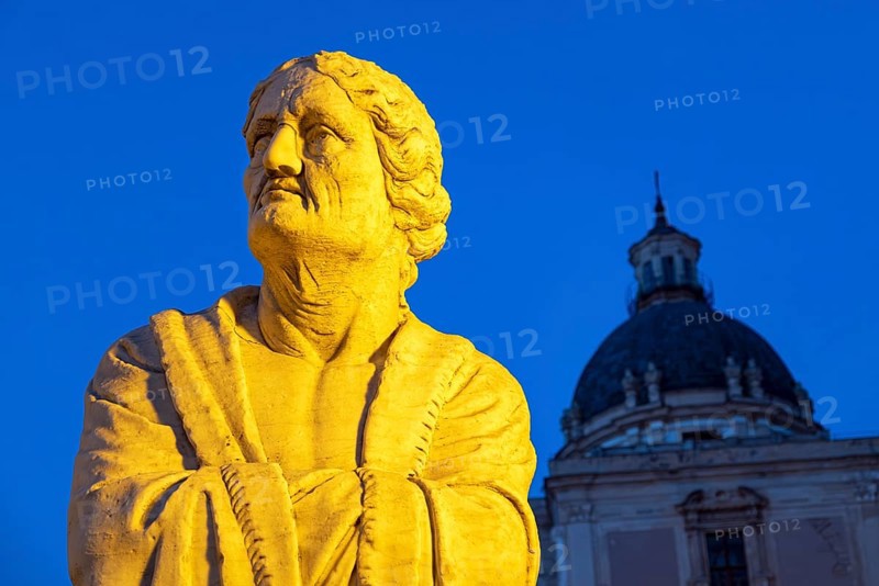 Statue close-up by night, Praetorian Fountain or Fontana Pretoria, Palermo, Sicily, Italy, Europe