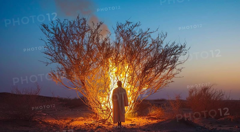 Moses looking at the burning bush. Bible stories and miracles, god manifestation, AI generated