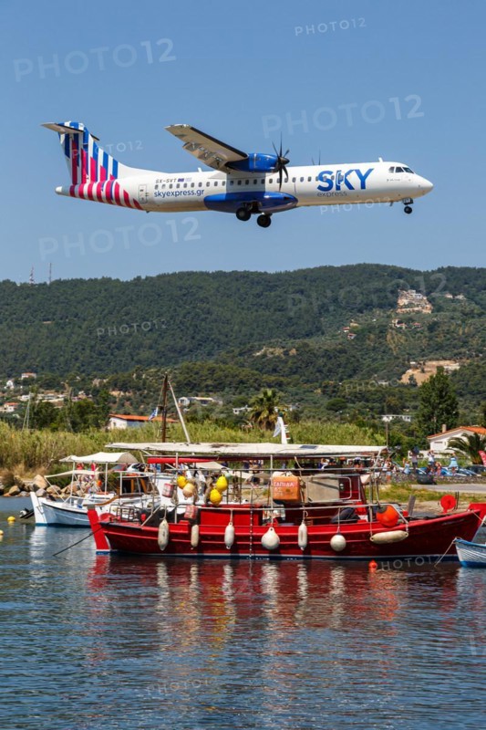 An ATR 72-600 Sky Express aircraft with the registration SX-SVT at Skiathos Airport, Greece, Europe