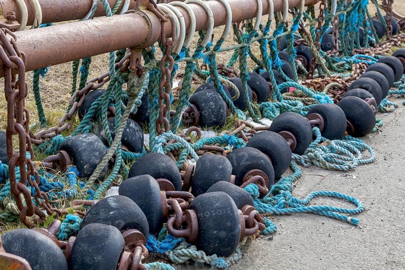 Spools and floats for bottom trawling with a trawl, drying on a road, Büsum, Schleswig-Holstein, Germany, Europe
