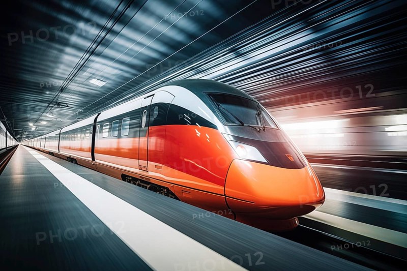 Modern high speed train in a futuristic train station. Modern transportation technology, speed, travel concepts. Railroad with motion blur effect, AI generated