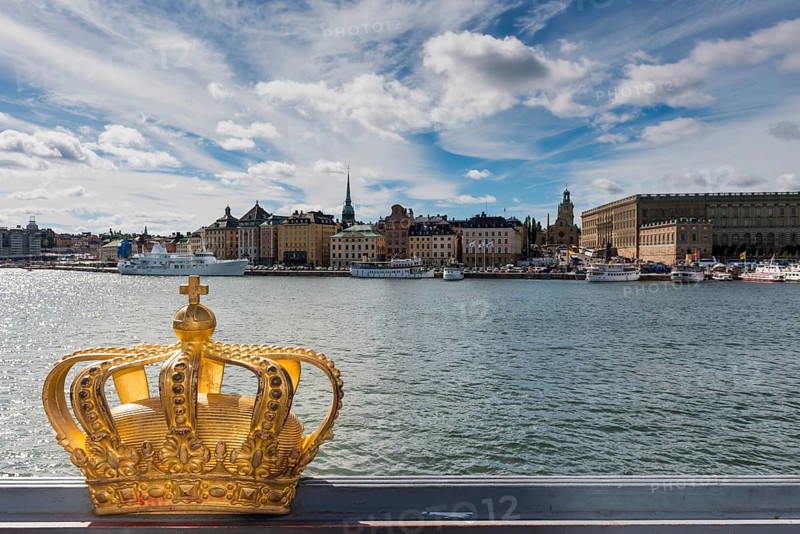 The crown of Sweden on a bridge, capital, travel, centre, tourism, city centre, urban, city, city trip, historical, royal, monarchy, city view, Gamla Stan, Scandinavia, Stockholm, Sweden, Europe