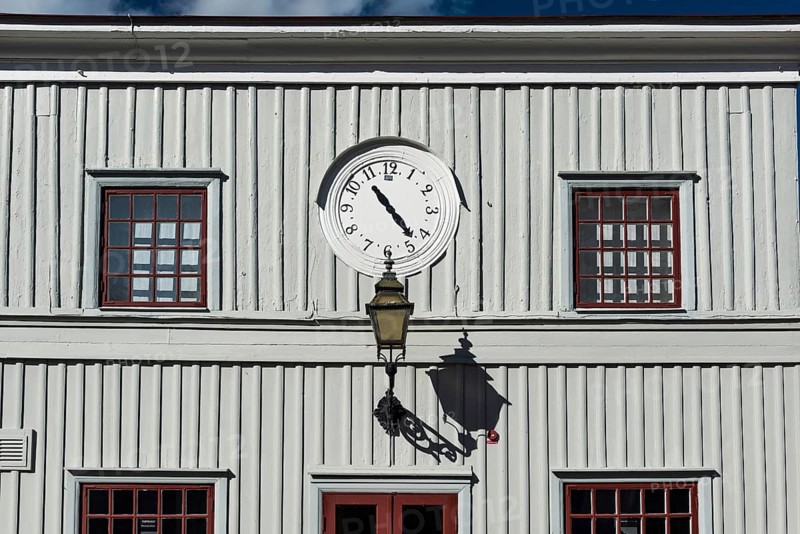 Matchstick museum, museum, match museum, clock, facade, detail, wooden house, Scandinavian, architectural style, architecture, public, sightseeing, attraction, blue sky, historical, history, building, Jönköpping, Sweden, Scandinavia, Europe