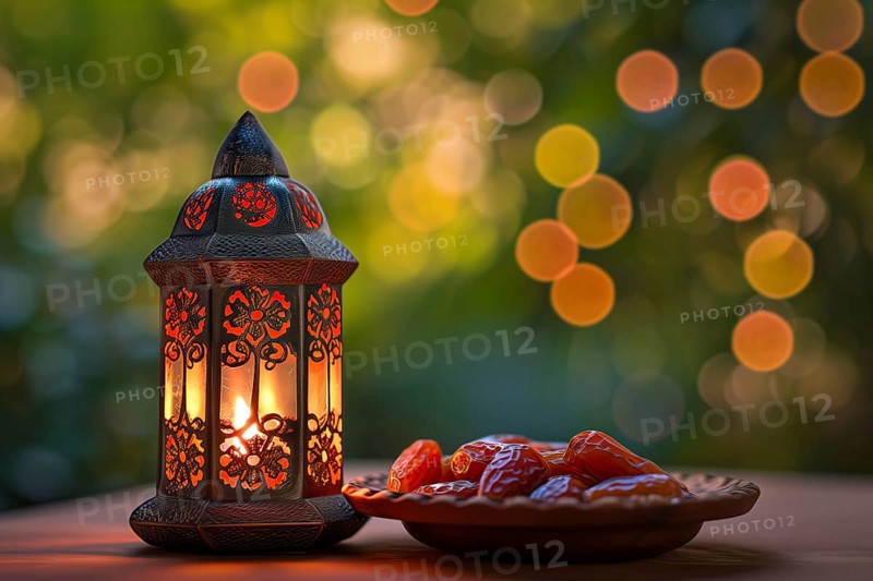 Ramadan lantern with a plate of succulent figs on bokeh background, set on an ornate table with intricate designs, evoking the rich traditions and serene moments of the holy month, AI generated
