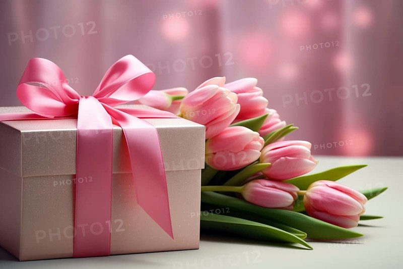 Gift Box with Pink Ribbon Beside bouquet of Fresh Tulips on Bokeh Background. Good for Valentine day, March 8, mother day, spring holidays, birthday designs, AI generated