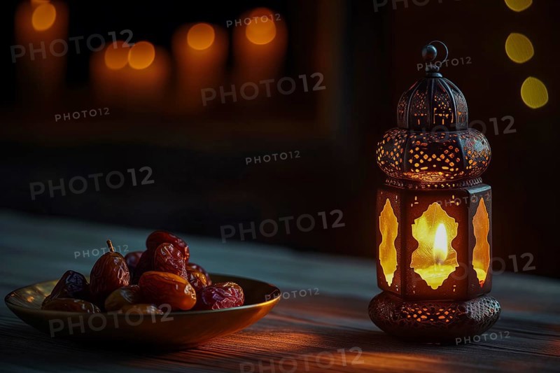 Ramadan lantern with a plate of succulent figs on dark background, set on an ornate table with intricate designs, evoking the rich traditions and serene moments of the holy month, AI generated