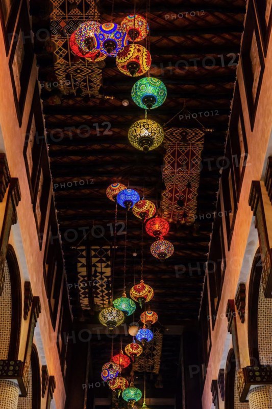 Lamp decoration in a mall in Souq Waqif in Doha, shop, decoration, interior, building, shopping, holiday, decorated, lantern, lamps, lights, colourful, colourful, religion, Muslim, Islam, Arabic, world religion, architecture, Orient, oriental, travel, culture, tourism, building, art, building, capital, Qatar, Asia