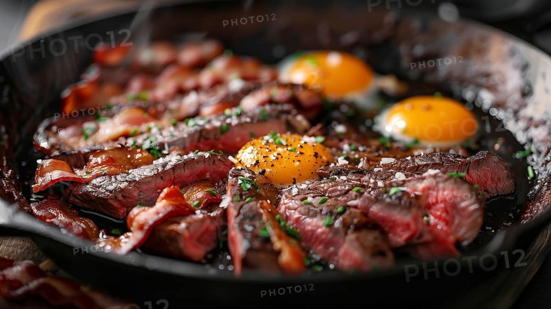 Cast iron pan with thick steak and eggs cooking. generative AI, AI generated