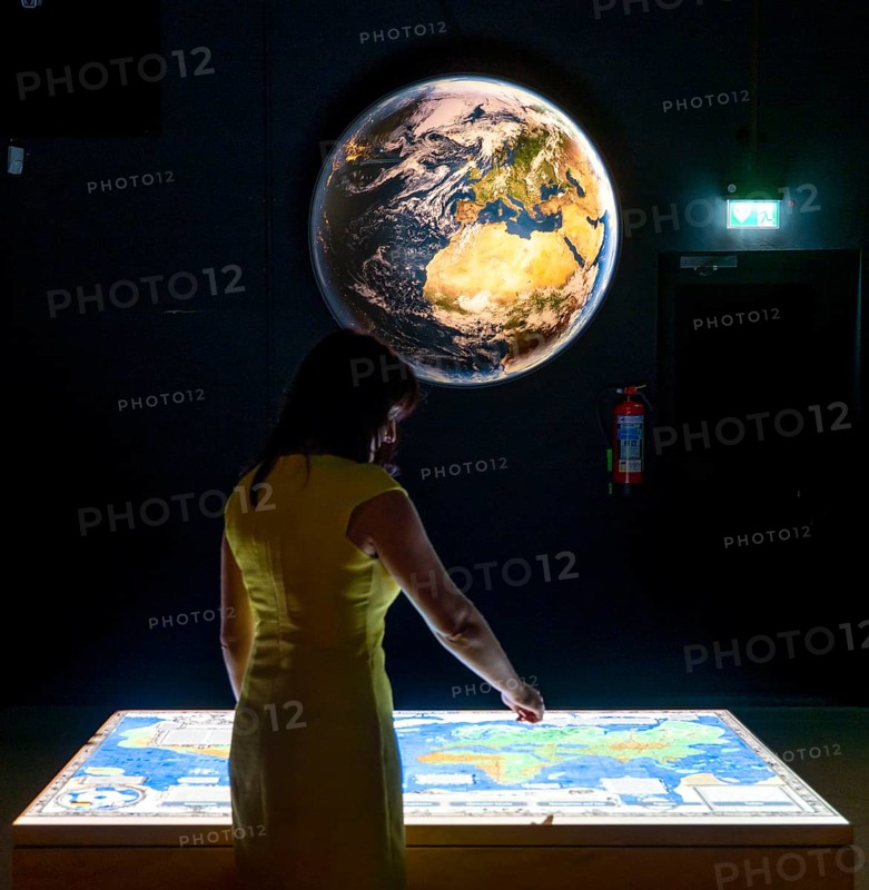 The City History Museum in Duisburg's inner harbour, digital, interactive version of Gerhard Mercator's first world map, North Rhine-Westphalia, Germany, Europe