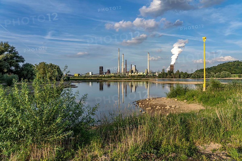 Industrial backdrop of the ThyssenKrupp Steel steelworks in Bruckhausen, on the Rhine, Schwelgern coking plant, discharge cloud, bay in the Rhine near Duisburg Bärl, Duisburg, North Rhine-Westphalia, Germany, Europe