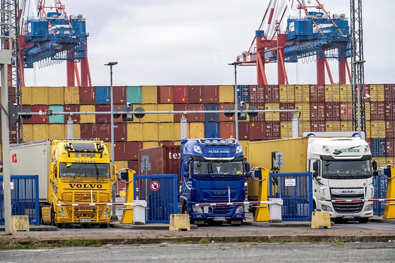 Entry and exit for container lorries, to the MSC container terminal in the seaport of Bremerhaven, Eurogate Container Terminal with almost 50 container gantry cranes, over a length of more than 4 km at the mouth of the Weser, Bremerhaven, Bremen, Germany, Europe