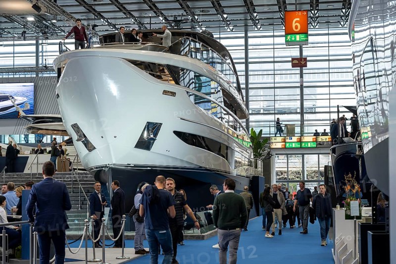 Large yachts, luxury yachts, in Hall 6 of BOOT 2024, the world's largest yacht and water sports trade fair in Düsseldorf, North Rhine-Westphalia, Germany, Europe