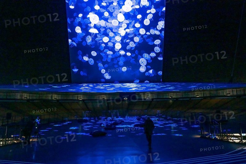 Plante Ozean exhibition in the Gasometer in Oberhausen, the world's oceans in their fragile beauty are the focus of the new exhibition, large-format photos, exhibits including a whale skeleton and an immersive large-scale video and sound installation, The Wave, on a 40 metre high screen measuring over 1000 square metres in total can be seen, Oberhausen, Germany, Europe