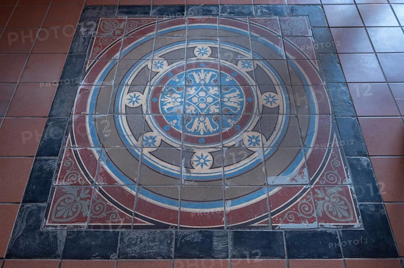 Preserved floor mosaic in the vestibule of the former synagogue, built in 1883, destroyed by the Nazis in 1938, Landwehrstraße 1, Kitzingen, Lower Franconia, Bavaria, Germany, Europe