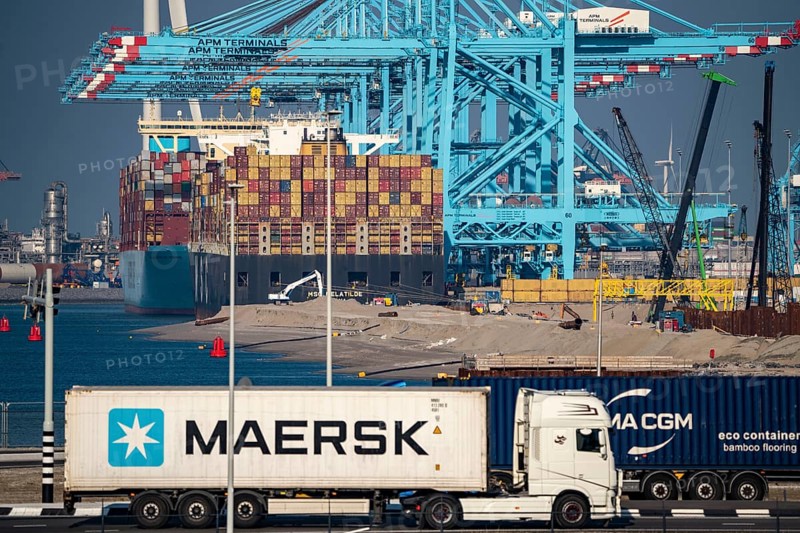 The seaport of Rotterdam, Netherlands, deep-sea harbour Maasvlakte 2, on an artificial land area off the original coast, APM Container Terminal, in front the MSC MELATILDE, behind it the MAASTRICHT MAERSK container ship, being loaded/unloaded, Rotterdam, Netherlands
