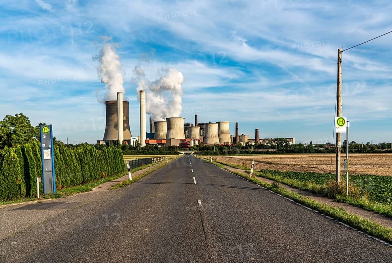Public transport in the countryside, bus stop of line 924, REVG Rhein-Erft-Verkehrsgesellschaft mbH, near Frauweilerhof, at the Niederaußem power station, operates weekdays between 6 a.m. and 6 p.m., Bergheim, North Rhine-Westphalia, Germany, Europe