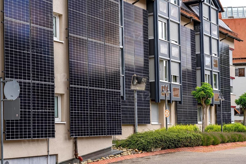 Solar façade, photovoltaic elements on a building façade, hotel in Herrenberg, large PV modules generate electricity on the outer walls of the building, Herrenberg, Baden-Württemberg, Germany, Europe