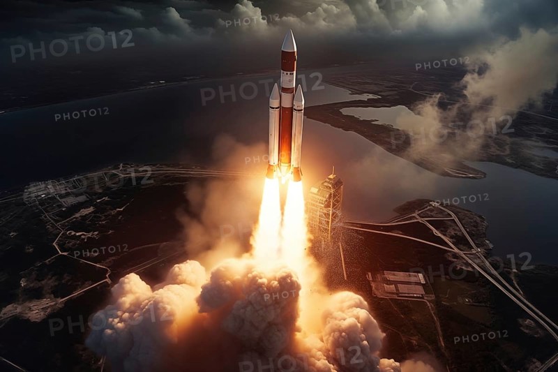 Aerial view of a rocket launch at sunrise sunset over an ocean coast. The rocket is blasting off with a trail of smoke and flames behind it, AI generated