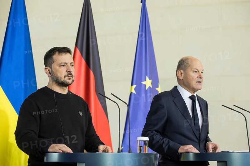 Volodymyr Zelensky (President of Ukraine) and Olaf Scholz (Chancellor of the Federal Republic of Germany) give a press statement at the Federal Chancellery, 11 October 2024