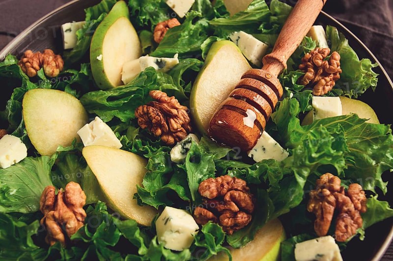 Keto Salad, pear with blue cheese and walnut, selective focus, no people, close-up