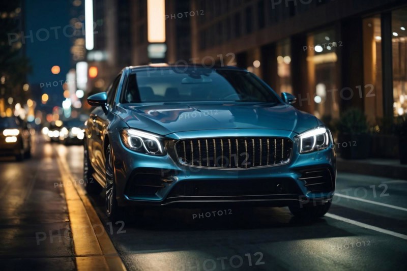 A blue luxury car parked on a city street at night. The car is shiny and has a sleek design. The street is busy with cars and traffic lights, creating a bustling atmosphere, AI generated