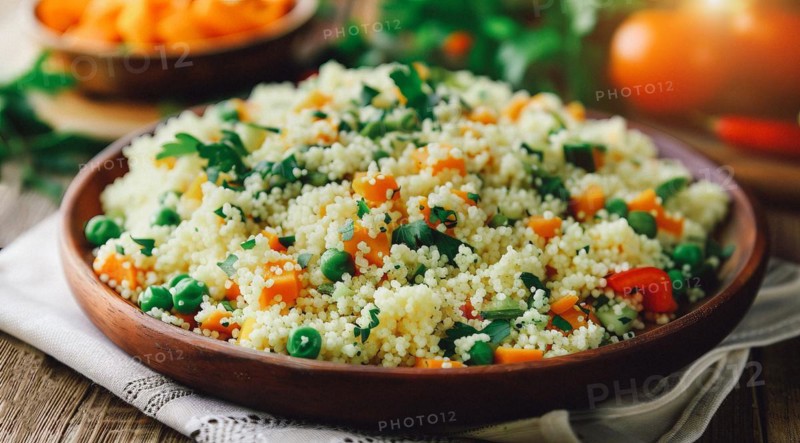 A bowl of couscous with a variety of vegetables and grains, AI generated