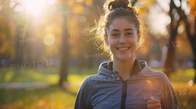 A woman runner running and jogging in a park. Active lifestyle, training for endurance, AI generated