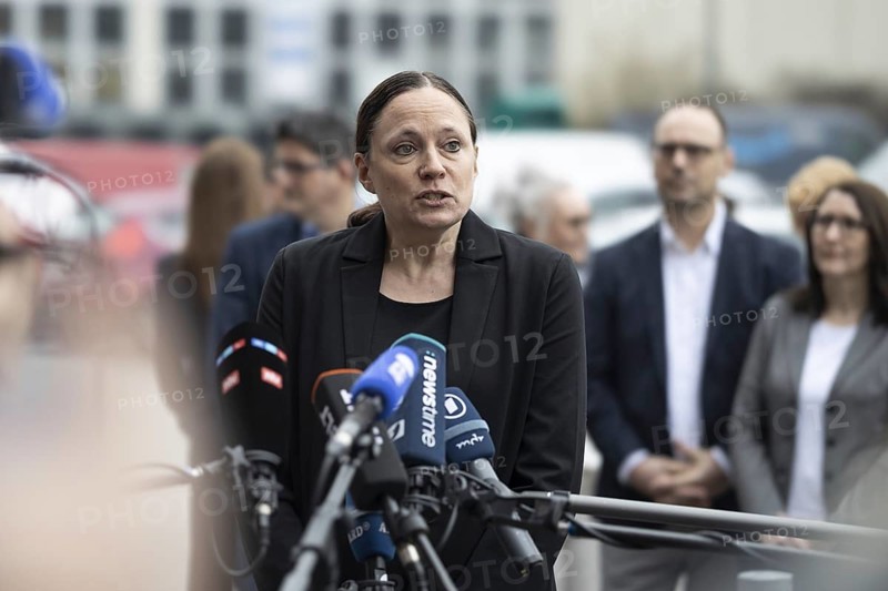 Dr Daniela Büchel, Head of Human Resources at REWE Group, answers questions from the press after a meeting with Ukrainian refugees who are employed in various areas of REWE Group. Berlin, 27.02.2024