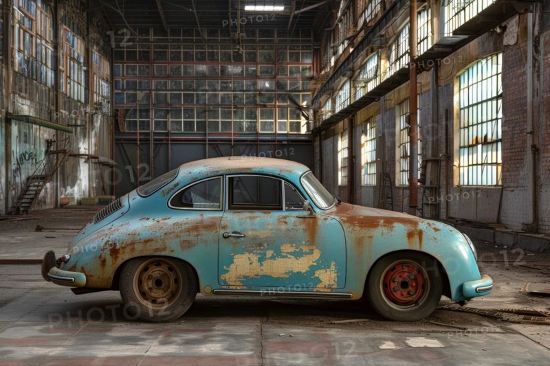 An old, weathered and dusty vintage car, wreck, of the type Porsche 356 from the 60s stands in an old factory hall, symbolic image for restoration, repair, restoration of historical cultural assets, AI generated, AI generated, AI generated