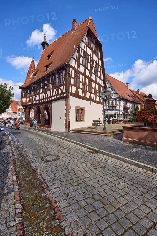 Historic town hall with cobbled street in Michelstadt, Odenwald, Odenwaldkreis, Hesse, Germany, Europe