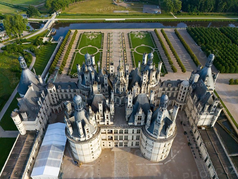 Detailed view of a historic castle from the air, with many towers and green areas all around, aerial view, Chambord Castle, Château de Chambord, Loire Castle, Loire Valley, Department Loir-et-Cher, Region Centre, France, Europe