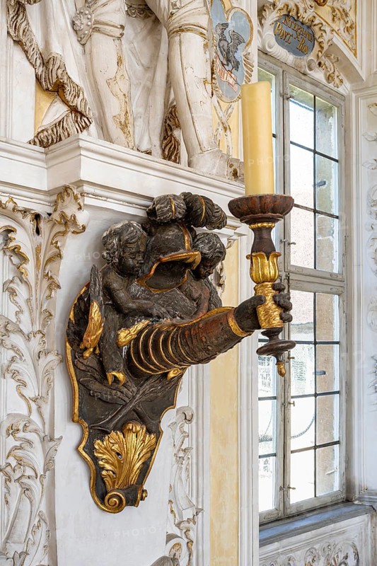 Chandelier, candlestick in the baroque reception hall, Salem Castle, former imperial abbey, former monastery of the Cistercian order, Salem, Lake Constance, Lake Constance district, Baden-Württemberg, Germany, Europe