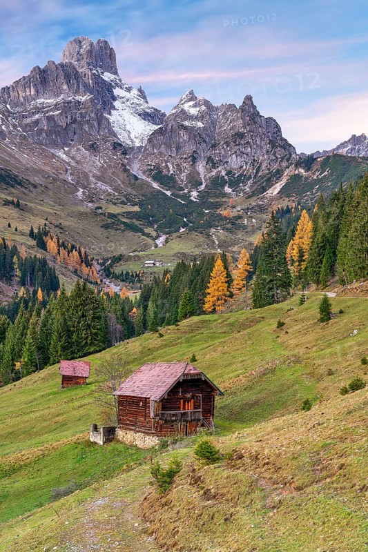 Aualm in front of the large Bischofsmütze, Gosaukamm, Dachstein mountains, Filzmoos, Pongau, Salzburg, Austria, Europe