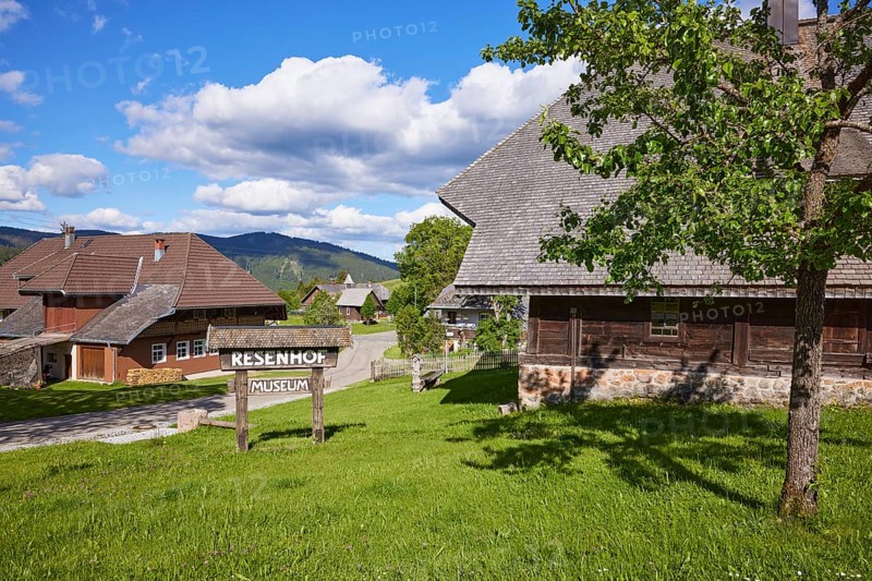 Road with sign to the Resenhof Farm Museum under a blue sky with cumulus clouds in the Oberlehen district, Bernau im Black Forest, Black Forest, Waldshut district, Baden-Württemberg, Germany, Europe