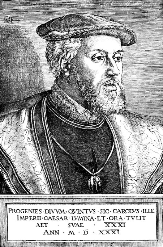 Portrait of Emperor Charles V (1500-1558), after a copperplate engraving by B. Behams 1531, ruler of the Holy Roman Empire, religious conflict, Reformation and Counter-Reformation, recognition of the Protestants in the Peace of Augsburg (1555), historical illustration 1883