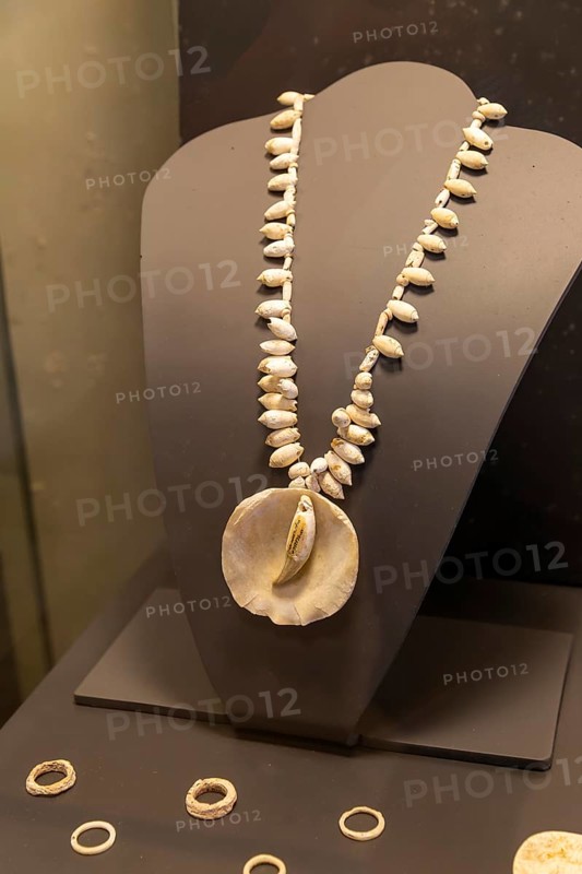 Shell and conch jewellery from Jaina, Late Classic period, Mayan archaeological museum, Fort San Jose, Campeche, Mexico, Central America