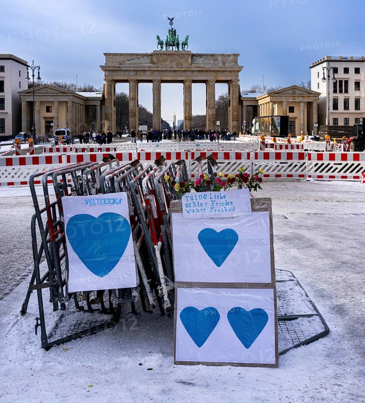 Demonstration, posters and barriers at the Brandenburg Gate, Berlin, Germany, Europe