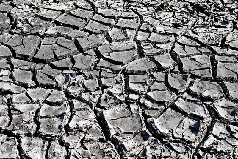 The bottom of a dried-up fish pond in Reckahn in Brandenburg looks like parched desert soil. The Plane, a river that usually fills the fish ponds with water, is dry and no longer carries any water, Reckahn, 09/08/2022