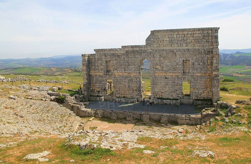Remains of Roman theatre stage background wall and seating area, Acinipo Roman town site Ronda la Vieja, Cadiz province, Spain, Europe