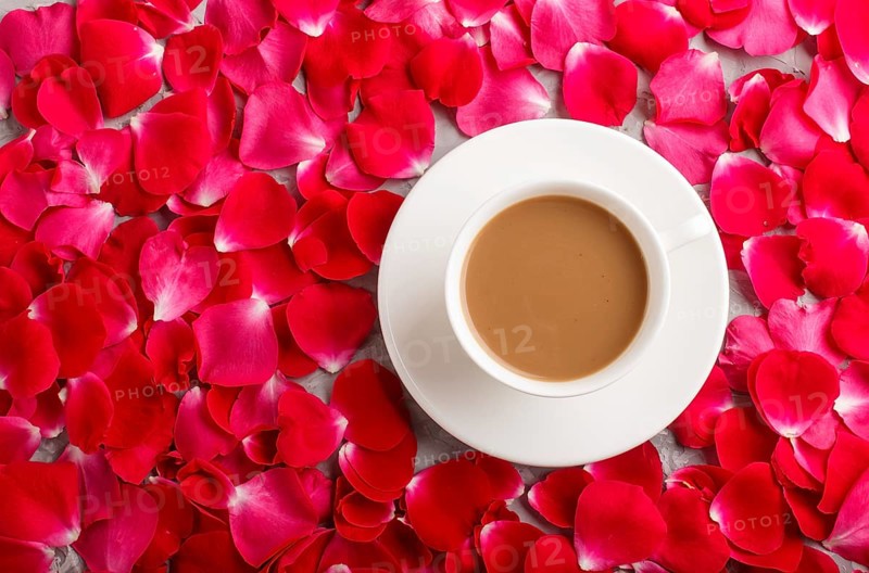 Red rose petals background and a cup of coffee. Morninig, spring, fashion composition. Flat lay, top view, copy space