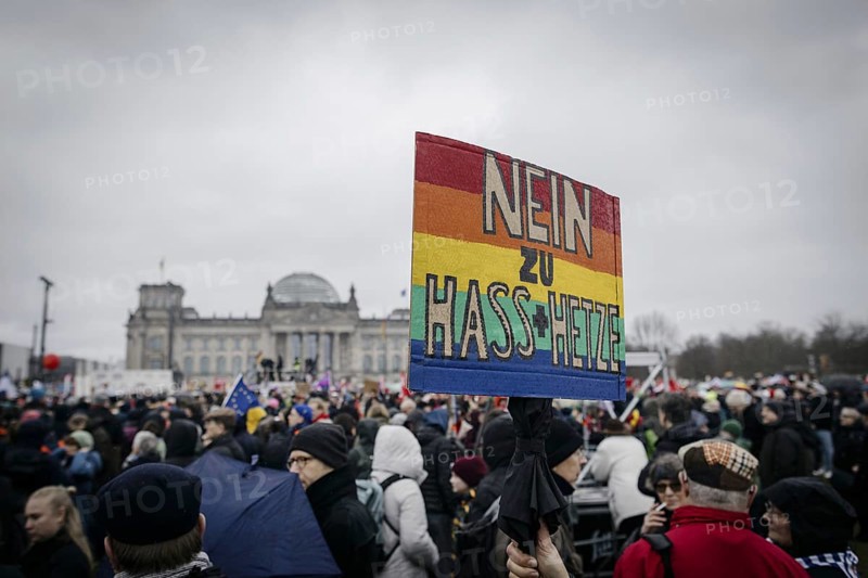 Posters at the large demonstration against the right in Berlin under the slogan We are the firewall . Taken in Berlin, 03.02.2024