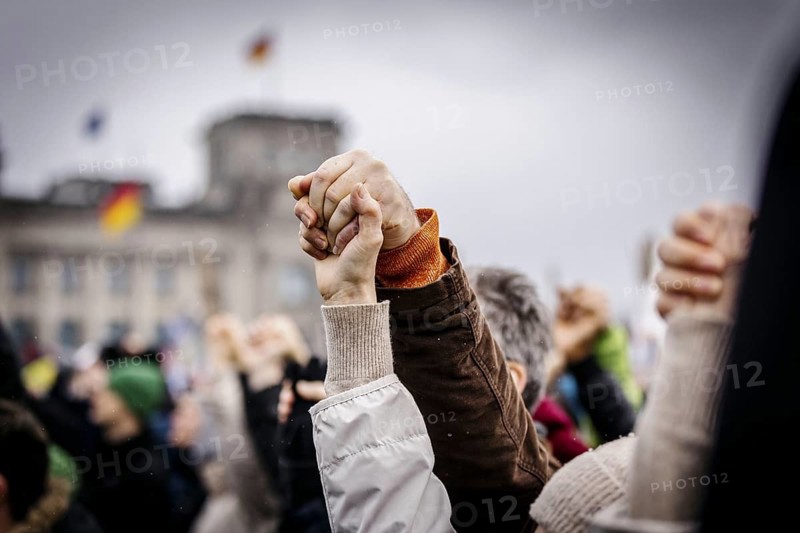People hold hands at the large demonstration against the right in Berlin under the slogan We are the firewall . Recorded in Berlin, 03.02.2024