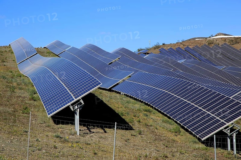 Array of solar panels on a bright sunny day, Sierra Alhamilla, near Nijar, Almeria, Spain, Europe