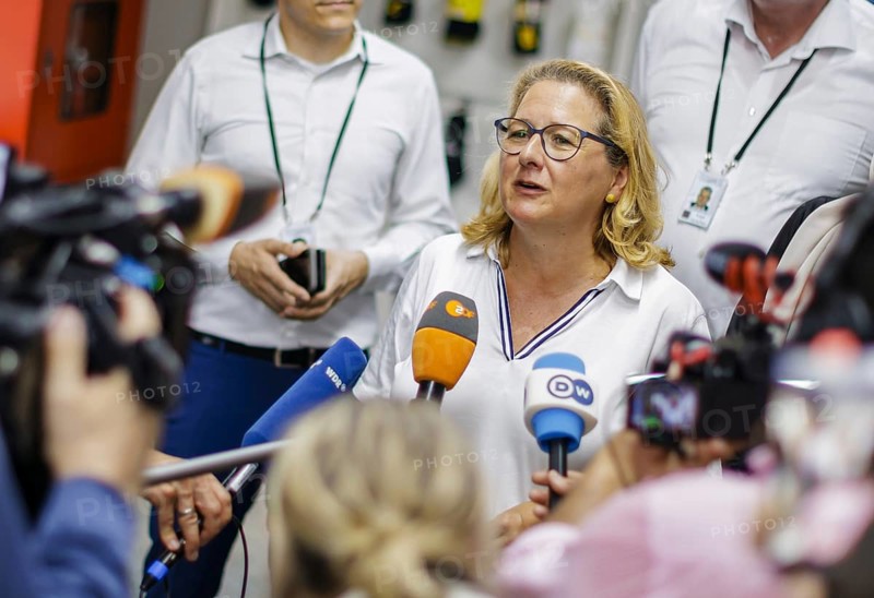 Svenja Schulze (SPD), Federal Minister for Economic Cooperation and Development, visits Inter Market Knit Private Limited, where rockers are manufactured. Here during a short press statement. Lahore, 22.08.2024. Photographed on behalf of the Federal Ministry for Economic Cooperation and Development