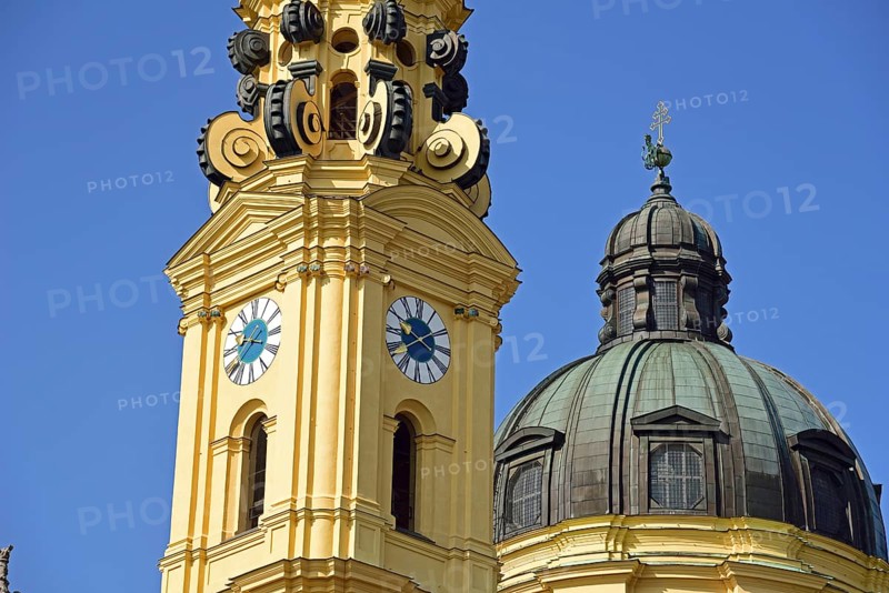 Europe, Germany, Bavaria, Munich, Odeonsplatz, Theatine Church, St Cajetan, founder of the Theatine Order, built 1663 to 1768, Baroque, towers and dome, tower clock, Europe