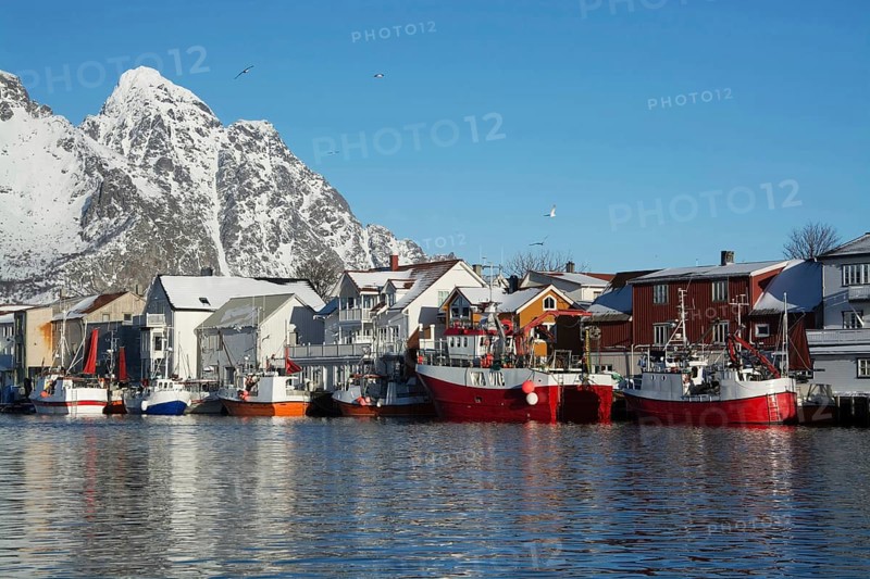 Henningsvaer on the Lofoten Islands in winter, Henningsvaer, Norway, Scandinavia, Europe