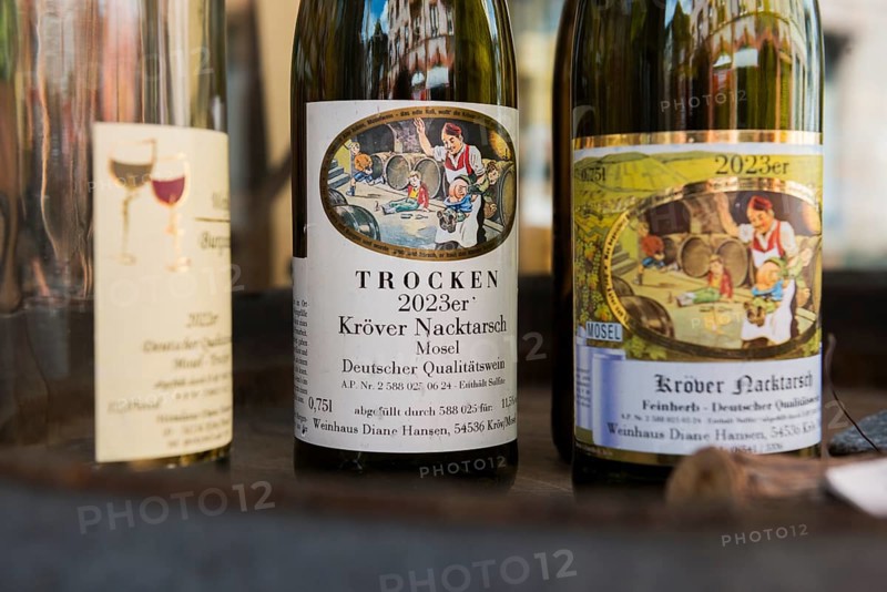 Funny wine labels, Traben-Trarbach, Moselle, Rhineland-Palatinate, Germany, Europe