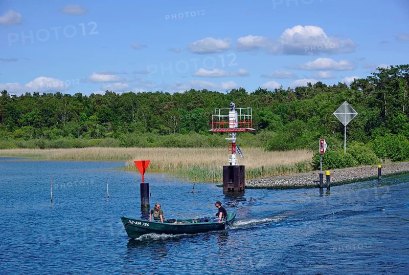 Europe, Germany, Mecklenburg-Western Pomerania, fishing boat on the Elde-Müritz waterway, small lighthouse, Waren, Mecklenburg-Western Pomerania, Germany, Europe