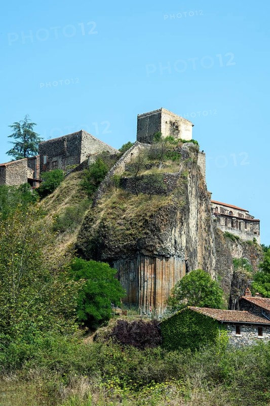 Stunning basalt organs rise above the village of Chilhac in Haute-Loire, Auvergne-Rhône-Alpes, France, Europe